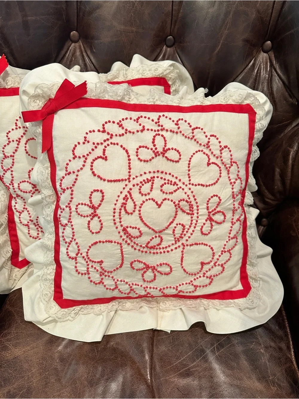 Vintage Hand-Embroidered Red and White Decorative Pillow - Home Holiday